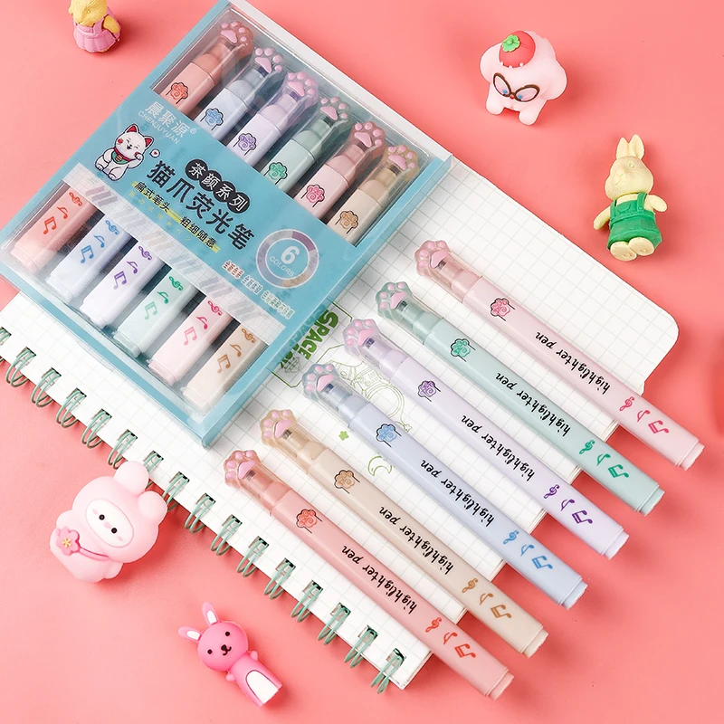 6 pcs/pack Kawaii Cat Claw Pas - Pastel Highlighter Set Double Ended ulasan dan harga